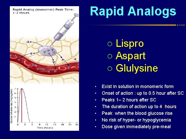 Rapid Analogs ○ Lispro ○ Aspart ○ Glulysine • • Exist in solution in