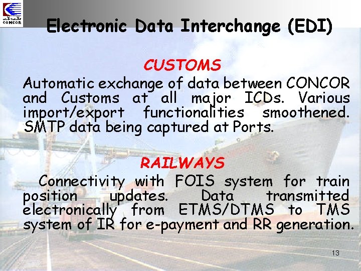 Electronic Data Interchange (EDI) CUSTOMS Automatic exchange of data between CONCOR and Customs at
