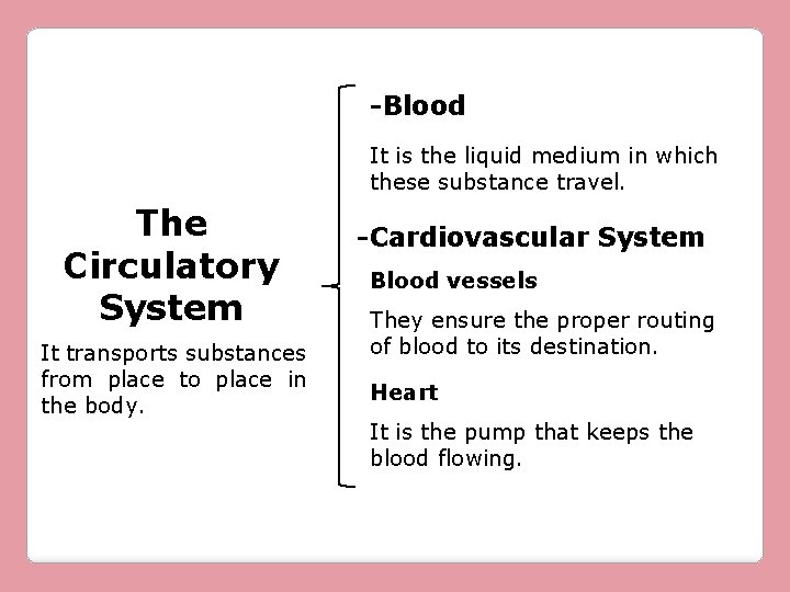 -Blood It is the liquid medium in which these substance travel. The Circulatory System