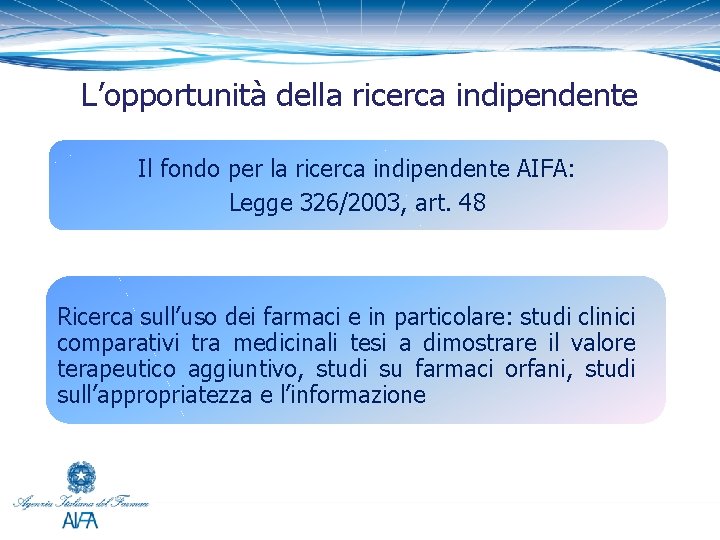 L’opportunità della ricerca indipendente Il fondo per la ricerca indipendente AIFA: Legge 326/2003, art.