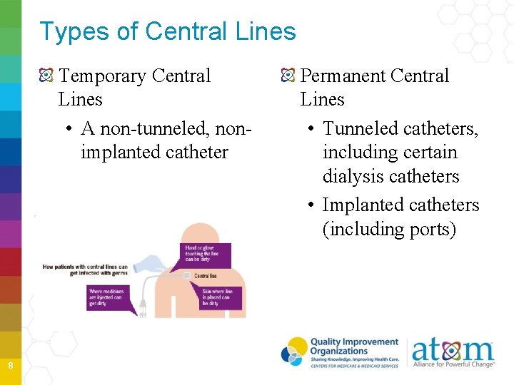 Types of Central Lines Temporary Central Lines • A non-tunneled, nonimplanted catheter 8 Permanent