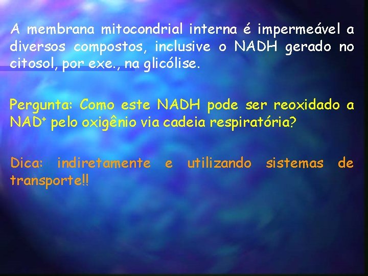 A membrana mitocondrial interna é impermeável a diversos compostos, inclusive o NADH gerado no