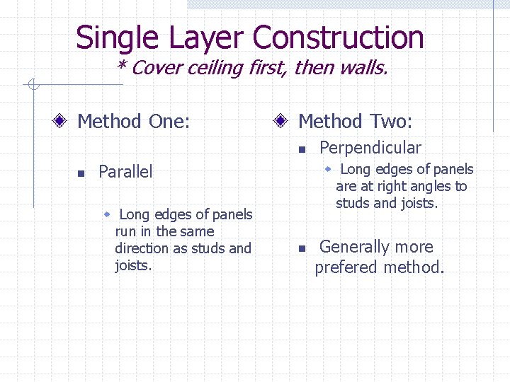 Single Layer Construction * Cover ceiling first, then walls. Method One: Method Two: n
