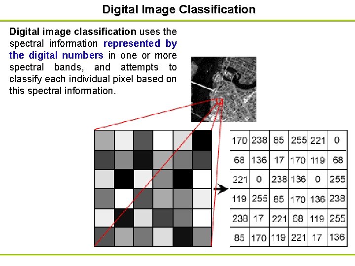 Digital Image Classification Digital image classification uses the spectral information represented by the digital