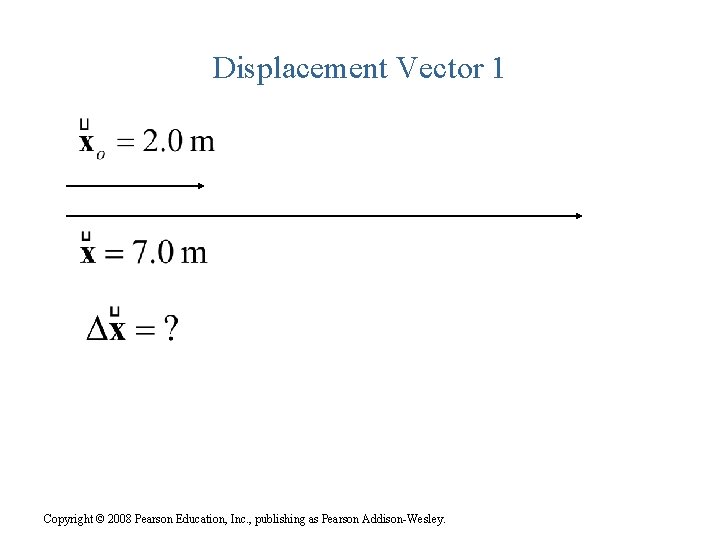 Displacement Vector 1 Copyright © 2008 Pearson Education, Inc. , publishing as Pearson Addison-Wesley.