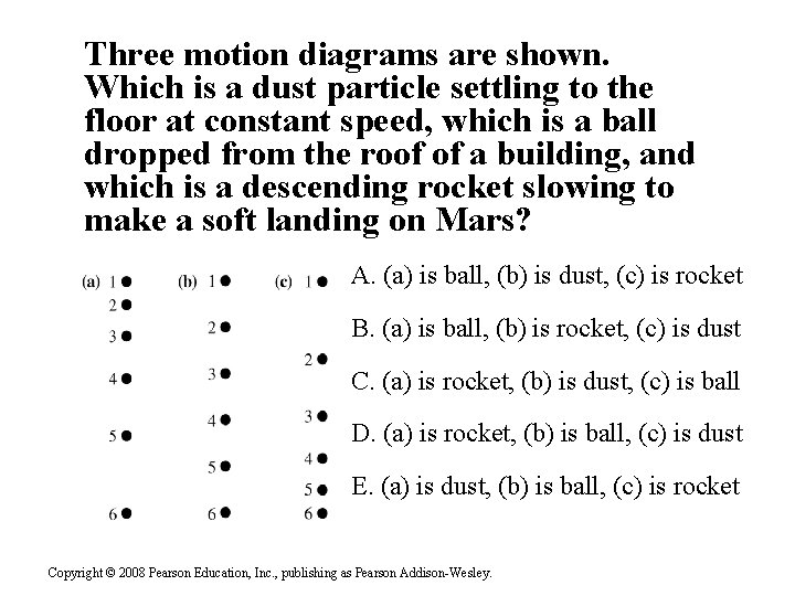 Three motion diagrams are shown. Which is a dust particle settling to the floor