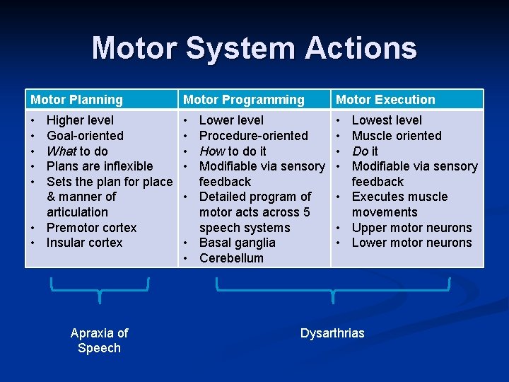 Motor System Actions Motor Planning Motor Programming Motor Execution • • • • Higher Motor System Actions Motor Planning Motor Programming Motor Execution • • • • Higher