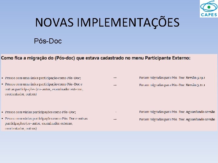 NOVAS IMPLEMENTAÇÕES Pós-Doc 