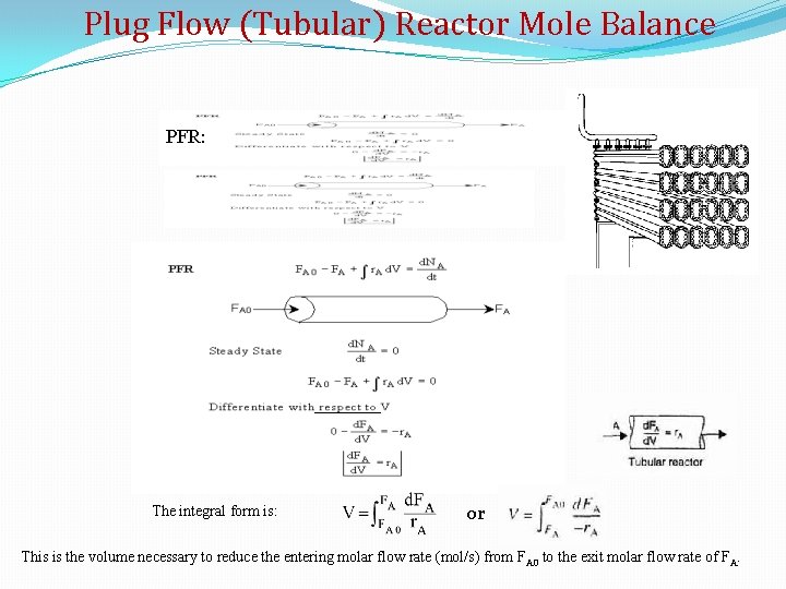 Plug Flow (Tubular) Reactor Mole Balance PFR: The integral form is: or This is