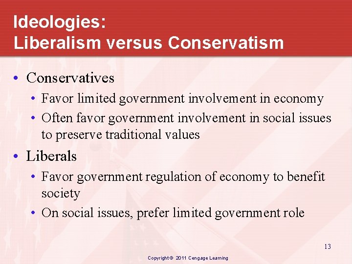 Ideologies: Liberalism versus Conservatism • Conservatives • Favor limited government involvement in economy •