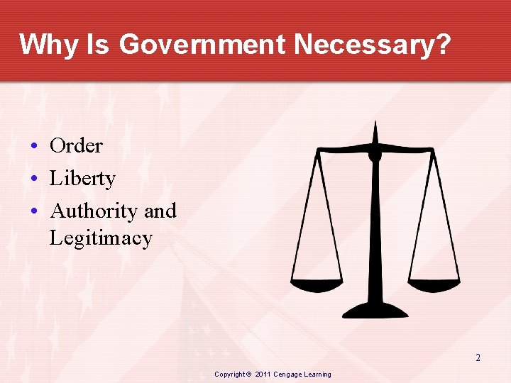 Why Is Government Necessary? • Order • Liberty • Authority and Legitimacy 2 Copyright