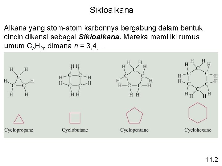 Sikloalkana Alkana yang atom-atom karbonnya bergabung dalam bentuk cincin dikenal sebagai Sikloalkana. Mereka memiliki