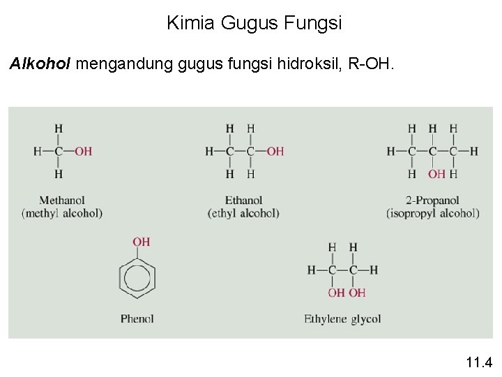 Kimia Gugus Fungsi Alkohol mengandung gugus fungsi hidroksil, R-OH. 11. 4 