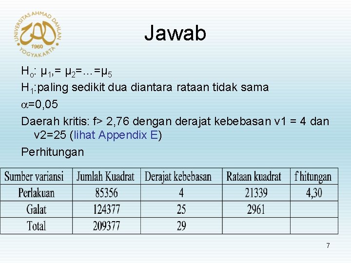 Jawab Ho: µ 1, = µ 2=…=µ 5 H 1: paling sedikit dua diantara