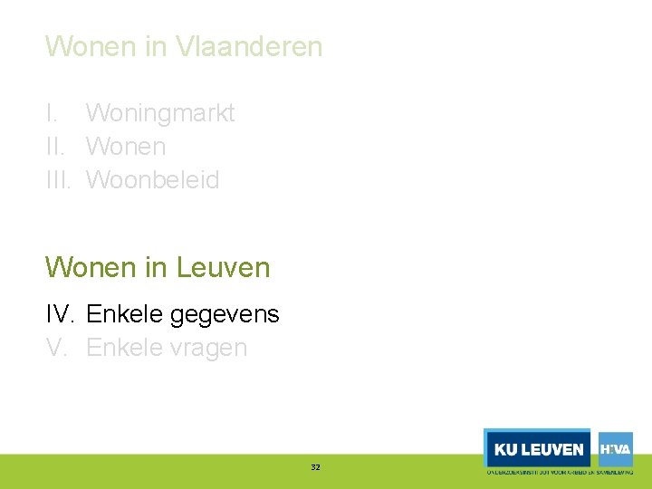 Wonen in Vlaanderen I. Woningmarkt II. Wonen III. Woonbeleid Wonen in Leuven IV. Enkele