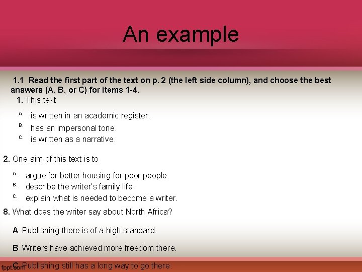 An example 1. 1 Read the first part of the text on p. 2