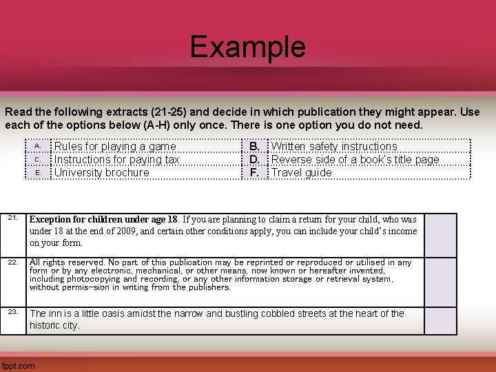 Example Read the following extracts (21 -25) and decide in which publication they might