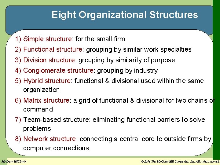 Eight Organizational Structures 1) Simple structure: for the small firm 2) Functional structure: grouping