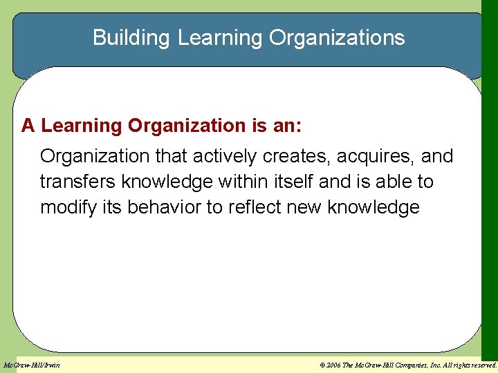 Building Learning Organizations A Learning Organization is an: Organization that actively creates, acquires, and