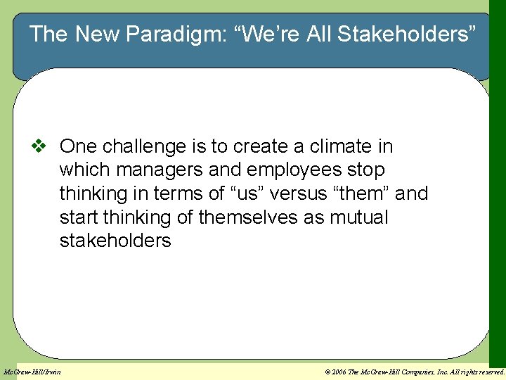 The New Paradigm: “We’re All Stakeholders” v One challenge is to create a climate