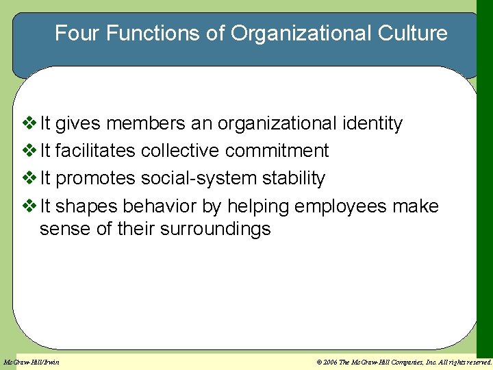 Four Functions of Organizational Culture v It gives members an organizational identity v It