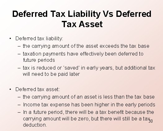 Deferred Tax Liability Vs Deferred Tax Asset • Deferred tax liability: – the carrying