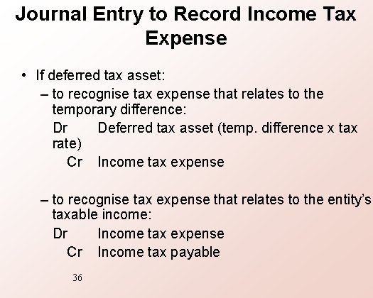 Journal Entry to Record Income Tax Expense • If deferred tax asset: – to