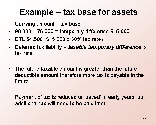 Example – tax base for assets • Carrying amount – tax base • 90,