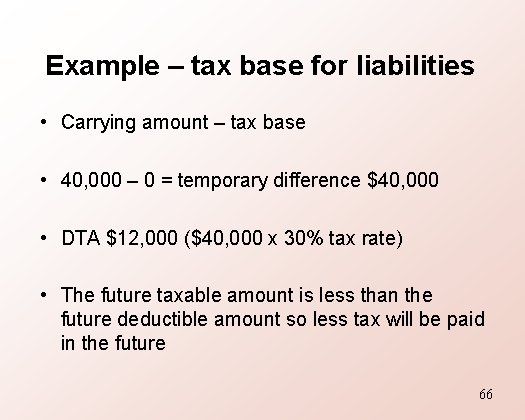 Example – tax base for liabilities • Carrying amount – tax base • 40,