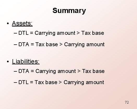 Summary • Assets: – DTL = Carrying amount > Tax base – DTA =