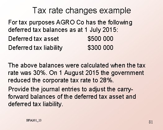 Tax rate changes example For tax purposes AGRO Co has the following deferred tax