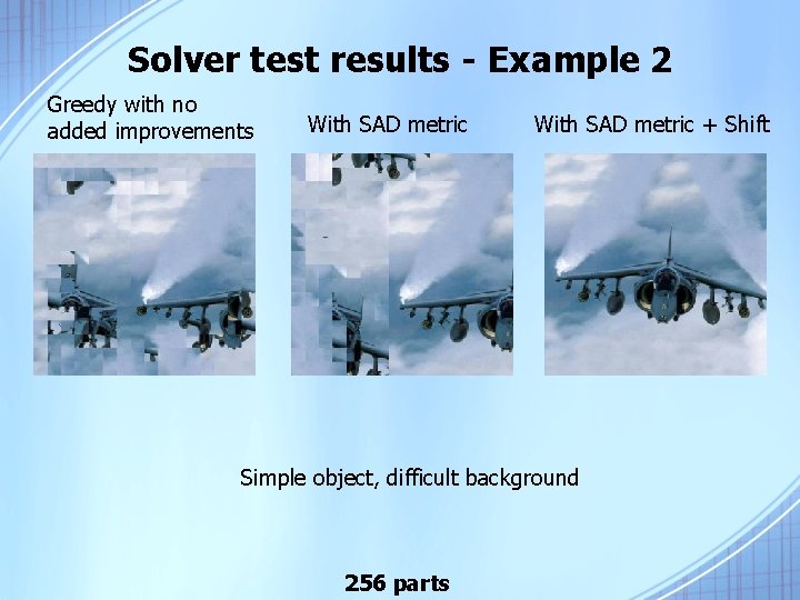 Solver test results - Example 2 Greedy with no added improvements With SAD metric