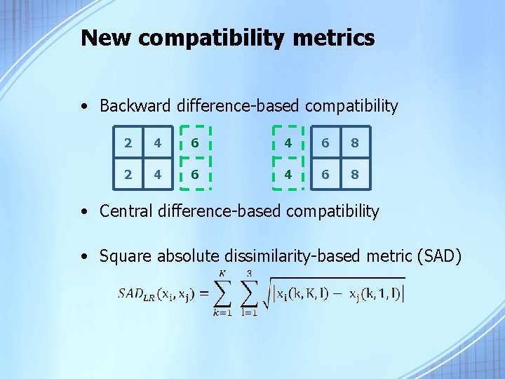 New compatibility metrics • Backward difference-based compatibility 2 4 6 4 6 8 •