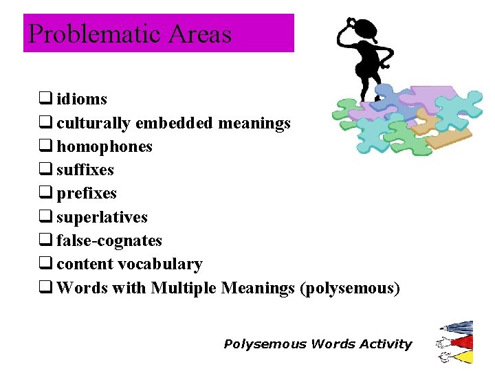 Problematic Areas q idioms q culturally embedded meanings q homophones q suffixes q prefixes