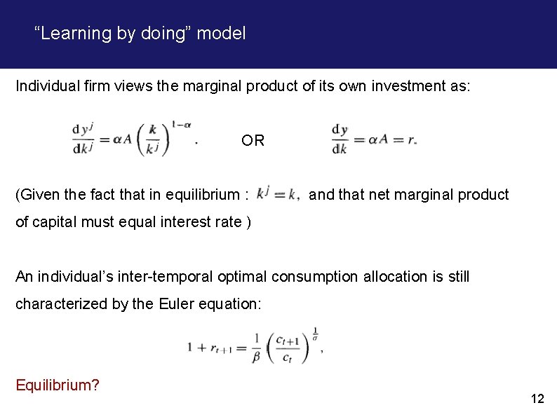 “Learning by doing” model Individual firm views the marginal product of its own investment