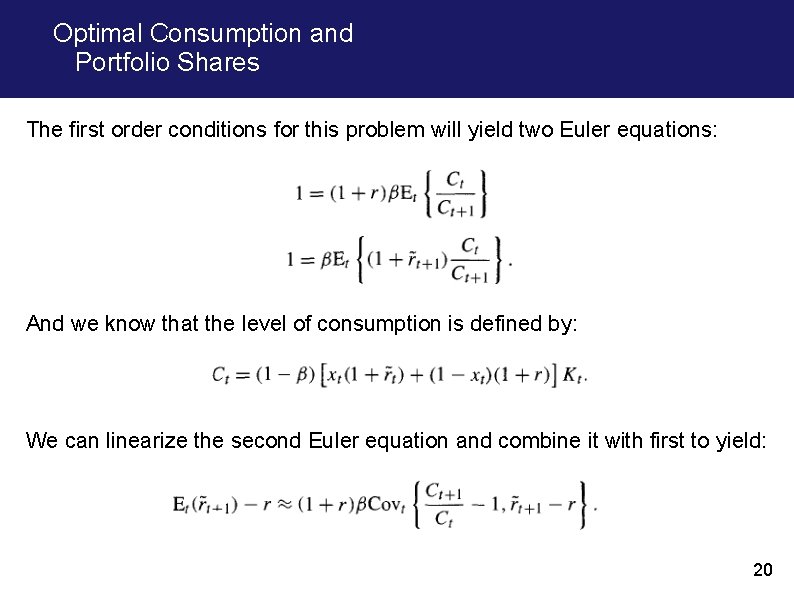 Optimal Consumption and Portfolio Shares The first order conditions for this problem will yield