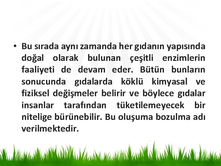  • Bu sırada aynı zamanda her gıdanın yapısında doğal olarak bulunan çeşitli enzimlerin