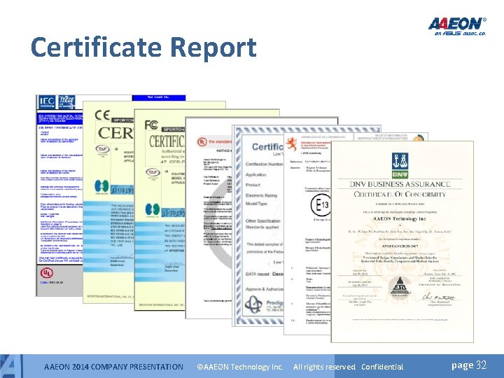 Certificate Report AAEON 2014 COMPANY PRESENTATION ©AAEON Technology Inc. All rights reserved. Confidential. page Certificate Report AAEON 2014 COMPANY PRESENTATION ©AAEON Technology Inc. All rights reserved. Confidential. page