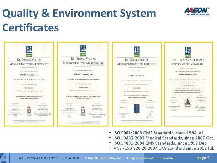 Quality & Environment System Certificates • • AAEON 2014 COMPANY PRESENTATION ISO 9001: 2008 Quality & Environment System Certificates • • AAEON 2014 COMPANY PRESENTATION ISO 9001: 2008