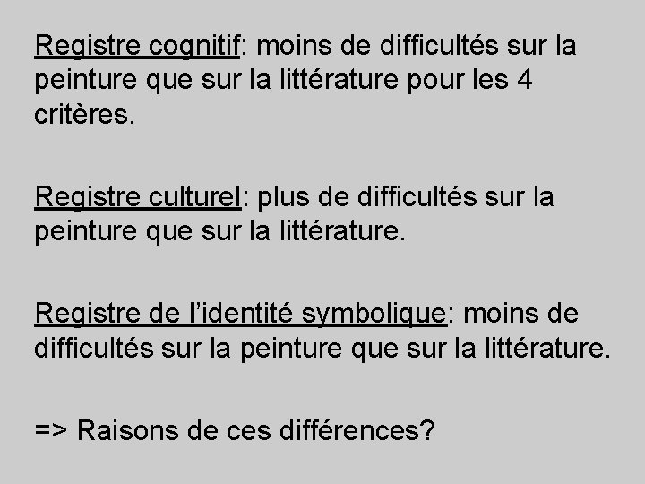 Registre cognitif: moins de difficultés sur la peinture que sur la littérature pour les