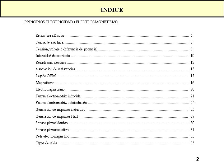 INDICE PRINCIPIOS ELECTRICIDAD / ELECTROMAGNETISMO Estructura atómica. . . . . . . .