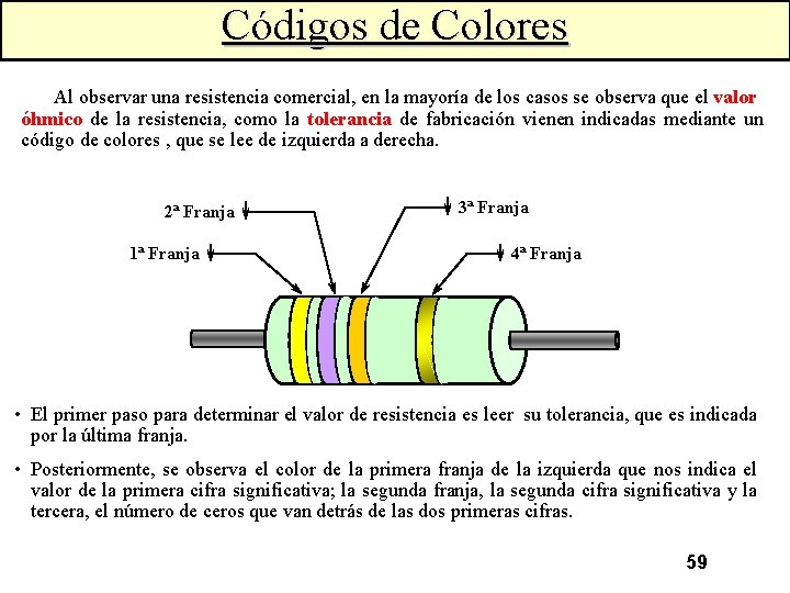 Códigos de Colores Al observar una resistencia comercial, en la mayoría de los casos