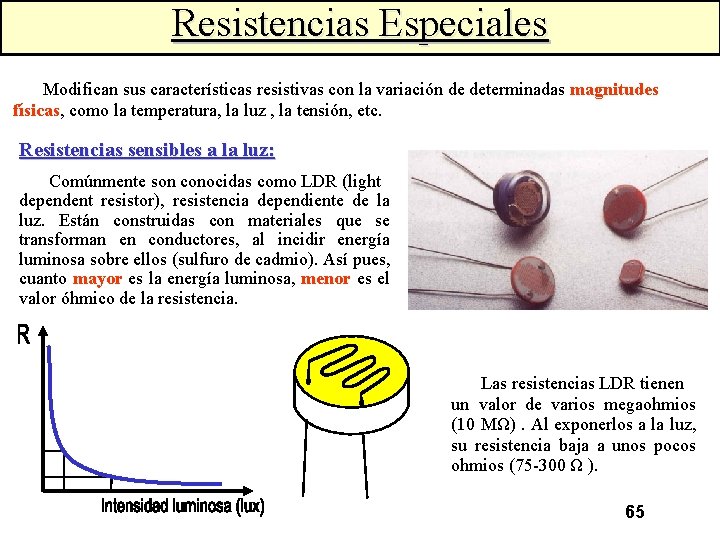 Resistencias Especiales Modifican sus características resistivas con la variación de determinadas magnitudes físicas, como