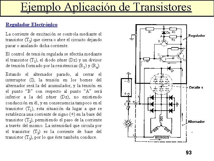 Ejemplo Aplicación de Transistores Regulador Electrónico La corriente de excitación se controla mediante el
