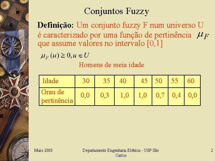 Conjuntos Fuzzy Definição: Um conjunto fuzzy F num universo U é caracterizado por uma