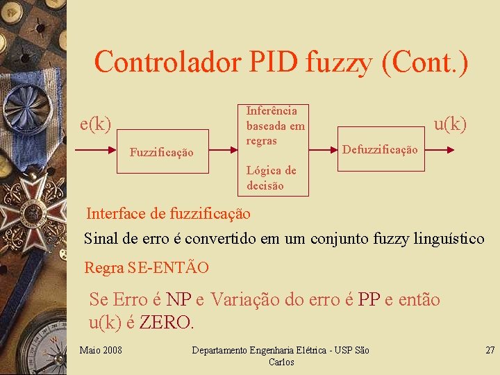 Controlador PID fuzzy (Cont. ) e(k) Fuzzificação Inferência baseada em regras u(k) Defuzzificação Lógica