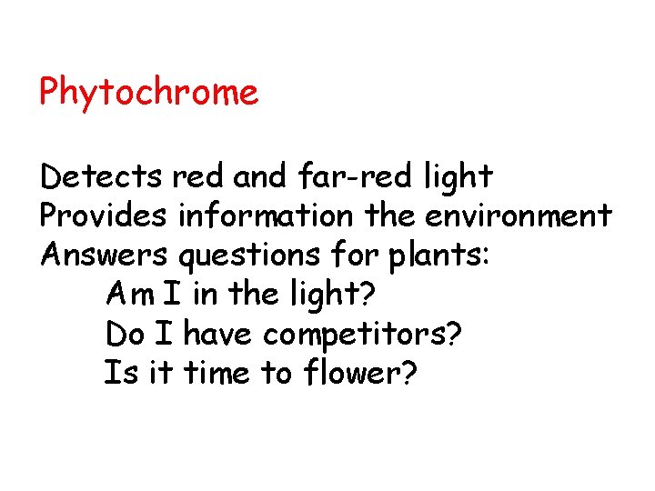 Phytochrome Detects red and far-red light Provides information the environment Answers questions for plants: