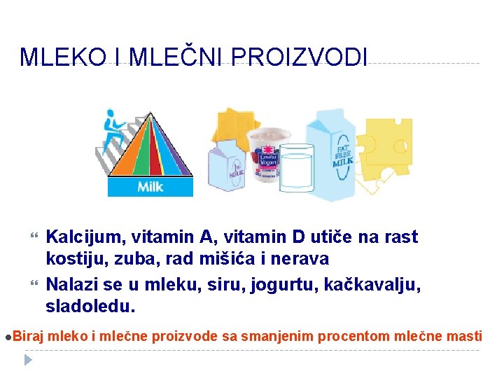 MLEKO I MLEČNI PROIZVODI l. Biraj Kalcijum, vitamin A, vitamin D utiče na rast