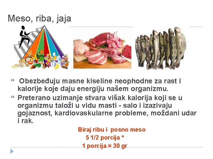 Meso, riba, jaja Obezbeđuju masne kiseline neophodne za rast i kalorije koje daju energiju