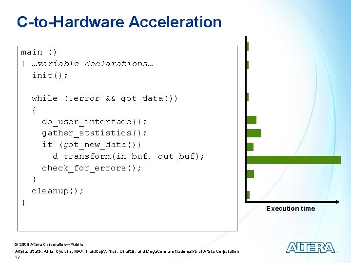C-to-Hardware Acceleration main () { …variable declarations… init(); while (!error && got_data()) { do_user_interface();